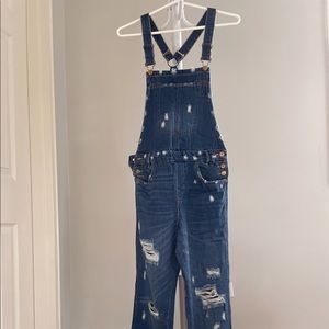 Zara Women’s BF Distressed Ripped Denim Overalls Jumpsuit Dark Wash High Waisted